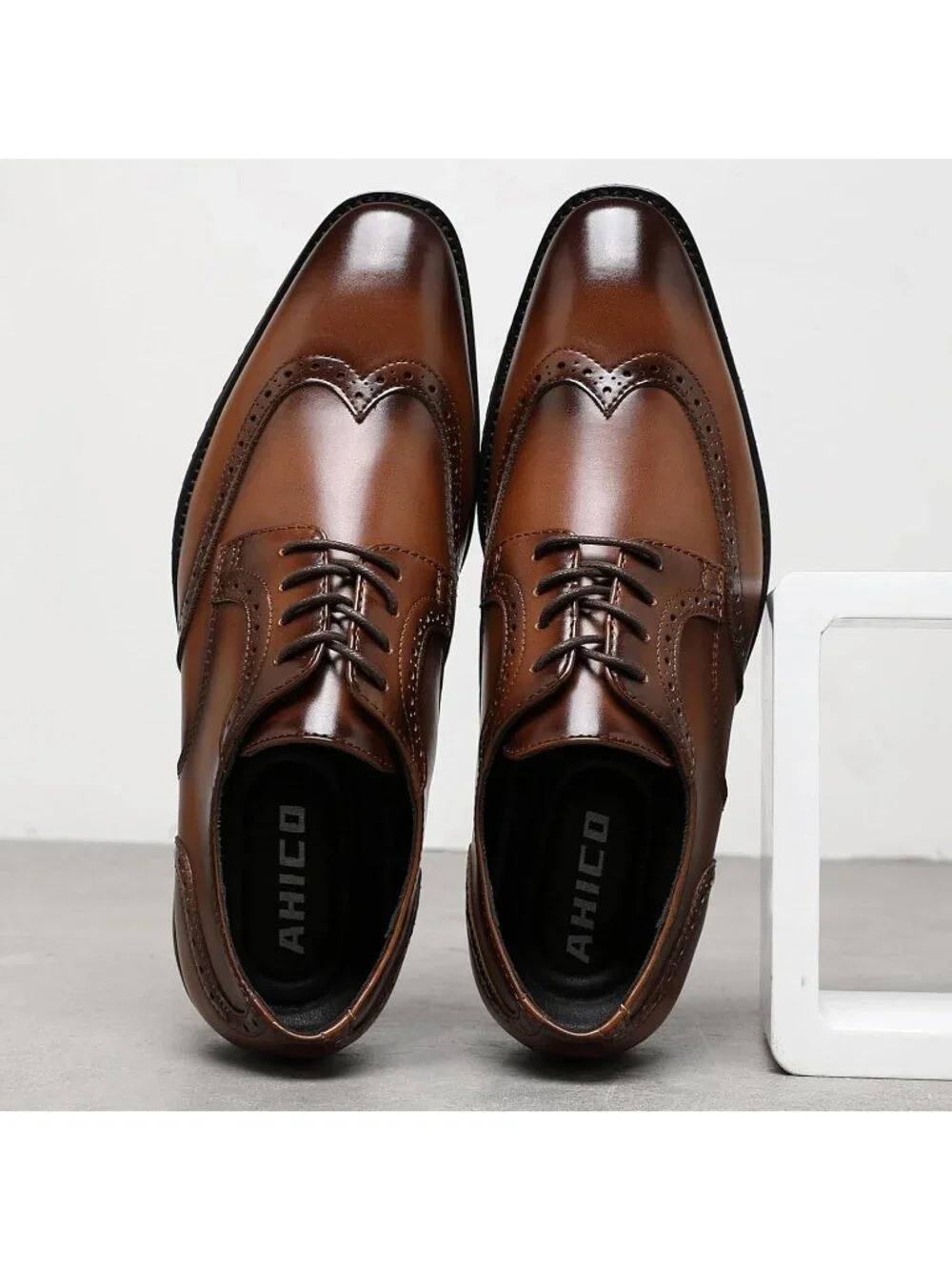 Men Cognac Leather Burnished Wingtip Cap Toe Business Brogue Punched Oxford Shoe